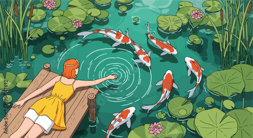 This peaceful illustration depicts a young woman with striking red hair relaxing on a rustic wooden pier, extending her hand into a calm pond, creating ripples as she connects with beautiful orange an