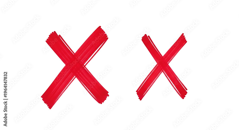 Fototapeta premium Two red hand-drawn cross marks or letter x symbols with artistic brush texture isolated on a white background representing error, cancellation, rejection, failure, or an incorrect choice
