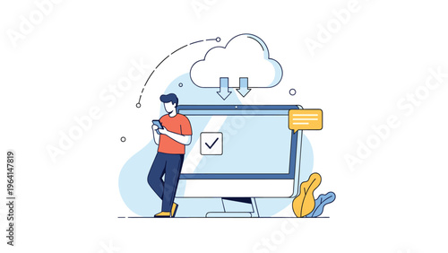 Young man using a smartphone while leaning on a large computer monitor to illustrate cloud data synchronization and file storage.