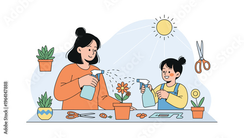 Mother and her young daughter spend quality time together gardening and watering a small flower in a pot under a bright yellow sun.