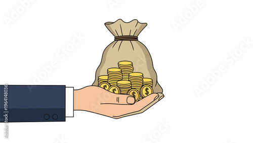 Hand in a professional suit holding a large brown bag filled with overflowing gold dollar coins for financial success.