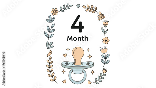 Baby month milestone card featuring number four with pacifier and floral wreath decoration for infant growth documentation.