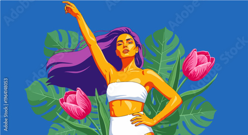 Vibrant pop art illustration features a confident woman with flowing purple hair striking a dynamic pose amidst tropical foliage and pink blossoms.