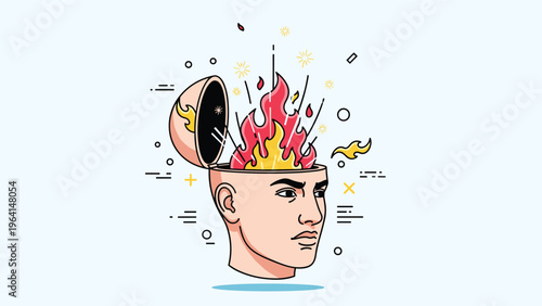 Creative illustration of a man's head opening at the top with intense flames and sparks bursting out for new ideas.