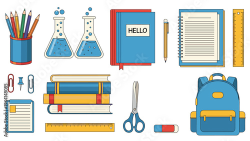 Assorted school supplies including backpack, notebooks, books, stationery, and laboratory equipment for educational purposes.