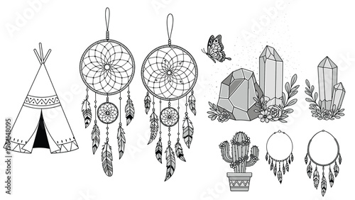 Various tribal design elements including dreamcatchers, teepee, crystals, cactus, and butterfly in black and white sketch style.