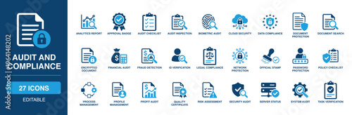 Audti And Compliance solid vector glyph icon set featuring analytics report, biometric audit, cloud security, document protection, legal compliance, quality certificate, and system audit.