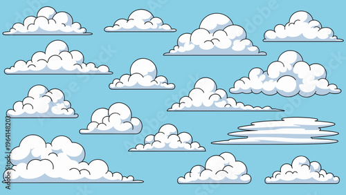 Collection of various white cartoon clouds in different shapes and sizes against a clear blue sky background for illustration.