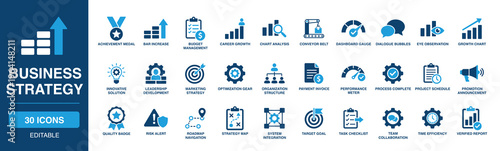 Business 1 Strategy solid vector glyph icon set including budget management, chart analysis, leadership development, marketing strategy, process complete, and roadmap navigation elements.