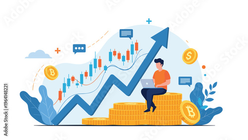 Man sitting on stacks of gold coins while working on a laptop near a growing financial chart with bitcoin and dollar symbols.