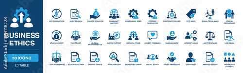 Business Ethics solid vector glyph icon set featuring anti corruption, charity donation, conflict resolution, human rights, justice scales, workplace diversity, and ethical partnership.