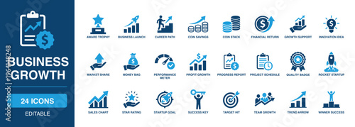 Business Growth solid vector glyph icon set with rocket startup, profit growth, market share, performance meter, coin stack, financial return, success key, and startup goal symbols.