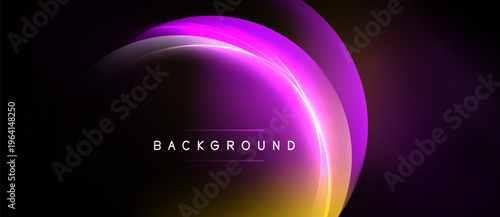 Abstract design features glowing curves, purple, yellow hues. Dark background enhances vibrant light effects. Text reads background.