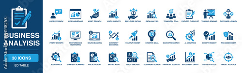 Business Analysis solid vector glyph icon set featuring user feedback, web dashboard, data analysis, asset growth, project checklist, teamwork goal, market research, and startup rocket.