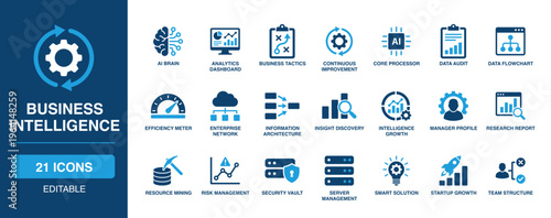 Business Intelligence solid vector glyph icon set including ai brain, analytics dashboard, efficiency meter, information architecture, risk management, and startup growth strategy icons.