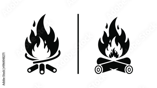 Two different black and white campfire icons showing flames burning on logs for camping and outdoor activities.