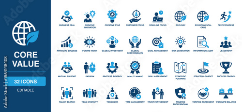 Core Value solid vector glyph icon set including creative innovation, customer focus, global investment, strategic planning, team diversity, teamwork, success trophy, and trust partnership.