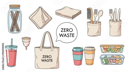 Collection of eco-friendly and reusable items like cloth bags, glass jars, and bamboo cutlery promoting a zero waste lifestyle.