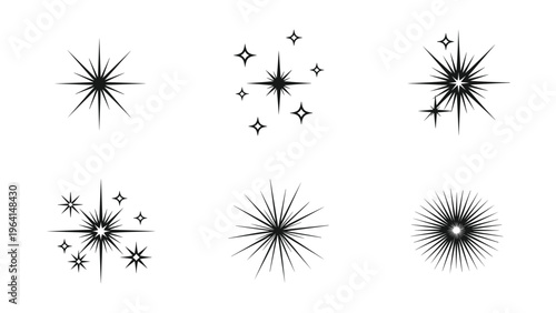 Collection of six various sparkling star icons in black ink style representing magic shine and night sky decorations.