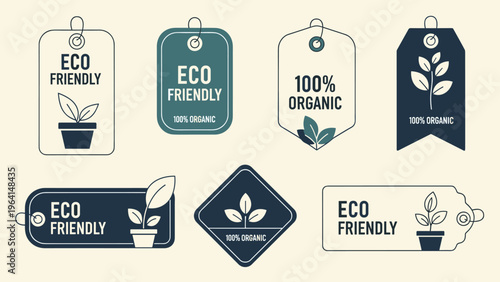 Set of decorative labels and tags for eco-friendly and one hundred percent organic products featuring leaf and plant icons.