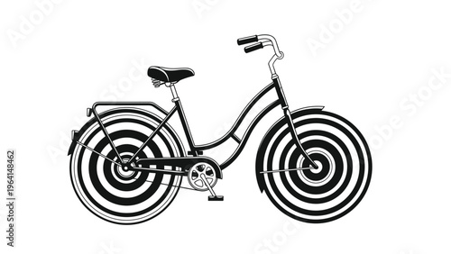 Classic black bicycle with a unique design featuring high contrast spiraling patterns on both wheels for visual impact.