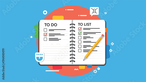 Spiral bound notebook showing tasks on a to-do list with a yellow pencil on a bright blue and red illustrated background.