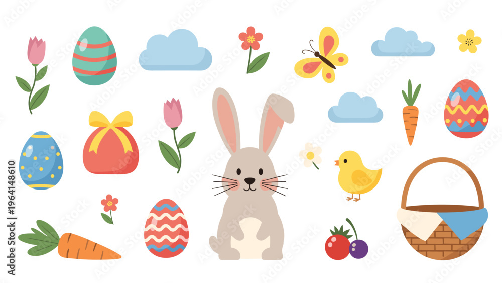 Fototapeta premium Extensive collection of colorful Easter themed elements including bunny, eggs, chick, basket, flowers, and garden items for spring.