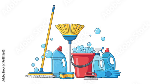 Assorted household cleaning supplies including mop, bucket, brushes, sponges, and detergent bottles for home maintenance.