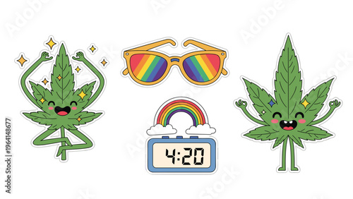 Set of fun cannabis themed stickers featuring happy marijuana leaves, rainbow sunglasses, and a digital clock showing four twenty.
