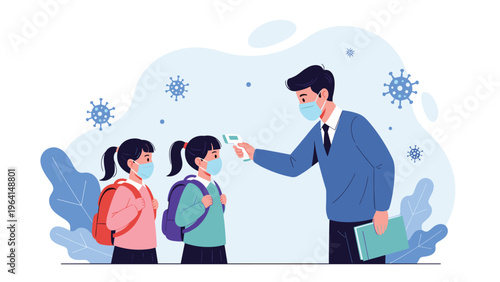 Male teacher using a contactless thermometer to check the temperature of young students at school as a safety measure.