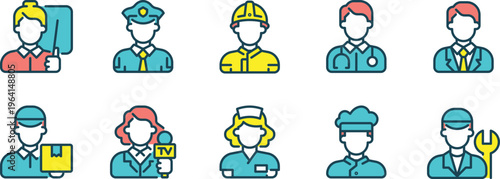 Illustrations of various uniformed professionals and service workers