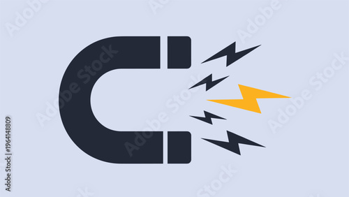 Dark grey horseshoe magnet shown with yellow and black lightning bolts representing magnetic pull and physical attraction.