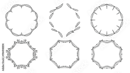 Collection of hand drawn boho style circular feather frames and ethnic border elements isolated on white background for decorative art.
