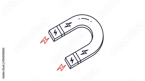 Minimalist line drawing of a horseshoe magnet with red sparks at the ends indicating magnetic attraction and energy flow.