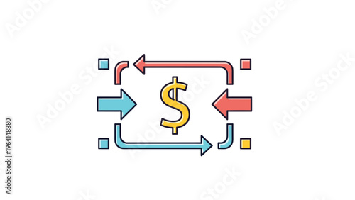Financial icon featuring a dollar sign surrounded by rotating arrows suggesting currency exchange and money circulation.