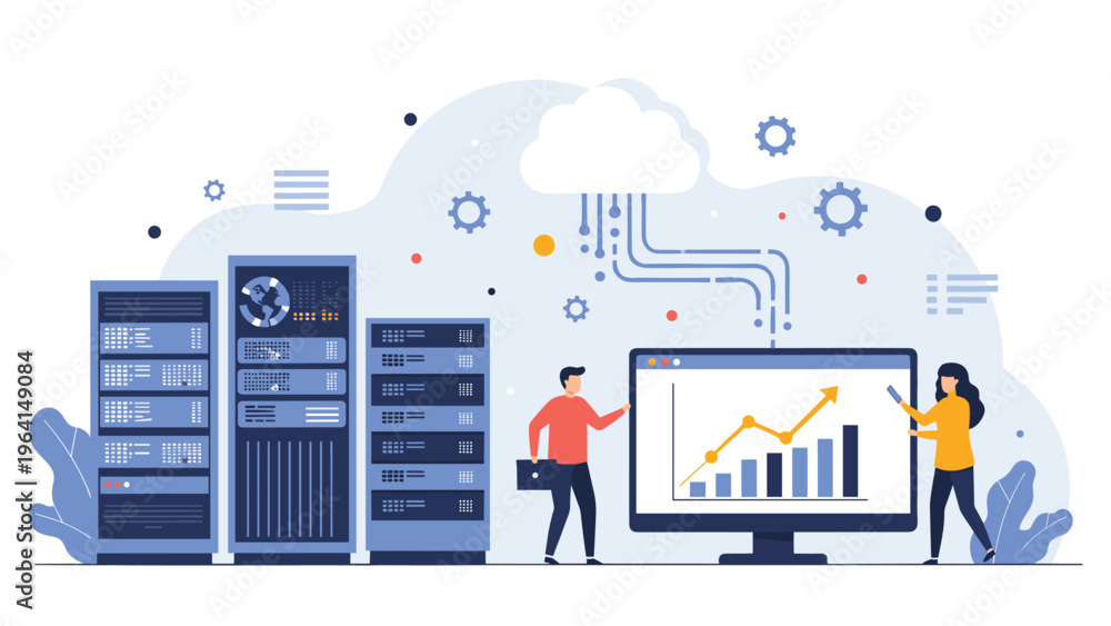 Fototapeta premium IT professionals managing server data center and analyzing business growth charts on computer monitor with cloud icon for technology.