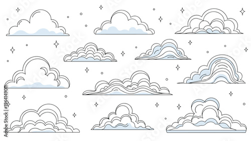 Collection of stylized white clouds with blue shadows and stars on white background for magical sky design and weather forecast icons.