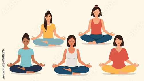 Diverse group of women practicing yoga in lotus pose for meditation and mental wellness on light background for healthy living habits.