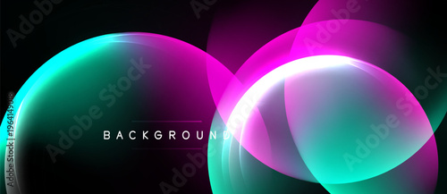 Abstract design features glowing layers, vibrant teal, magenta hues. Dark background emphasizes luminous shapes, creating modern aesthetic.