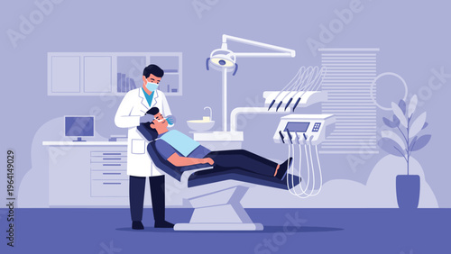 Professional dentist in white medical coat treating male patient in a modern dental clinic with equipment for oral health care service.