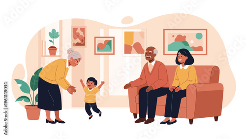 Happy multi-generational family spending time together in living room with toddler jumping and grandparents watching for family unity.