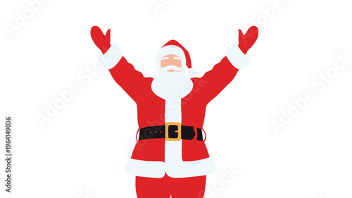 Full body illustration of Santa Claus in his traditional red suit with arms raised high in a joyful celebration pose.