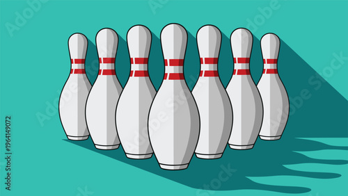 Ten bowling pins arranged in a standard triangular formation casting shadows on a turquoise green background.