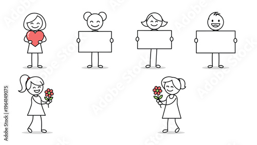 Set of female stick figures in various emotional poses including holding blank signs flowers and hearts for love and romantic concepts.