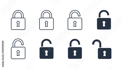 Set of eight padlock icons showing various states of being locked and unlocked in both outline and solid black styles.