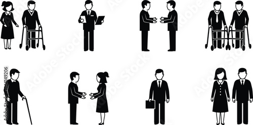 Silhouettes of elderly people with walkers and canes interacting with caregivers and business professionals representing geriatric care assistance social support and retirement services