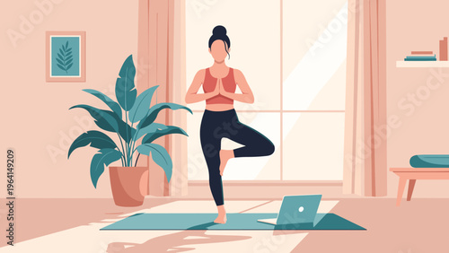 Healthy young woman practicing yoga tree pose on mat at home with laptop for online class tutorial and wellness at home environment.