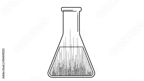 Minimalist black and white line art of a glass laboratory flask partially filled with liquid for scientific research purposes.