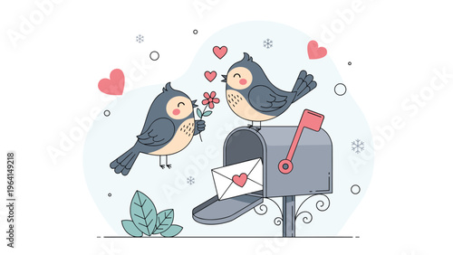 Two cute birds perched on a mailbox with love letters and hearts for romantic valentine day theme and seasonal greeting card design.