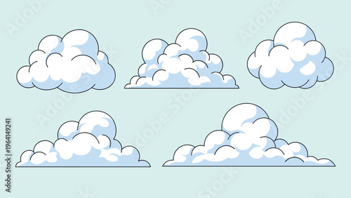 Set of five fluffy white cloud illustrations on light blue background for weather and nature themed designs and forecast icons set.